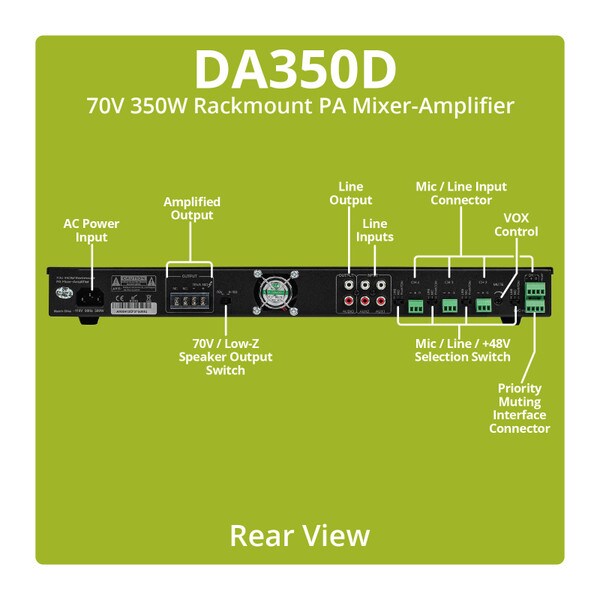 Main product image for Dayton Audio DA350D Commercial Audio Amplifier 350W 70V/ 100V/ 4 Ohm Mixer - 4 Mic 2 Aux 1 Telephone input